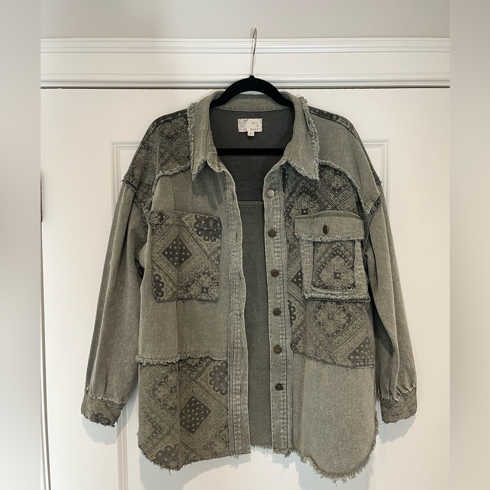 Oli & Hali Peace Out Soft Oversized Denim Patchwork Shirt Jacket. Olive - Green - Picture 3 of 16